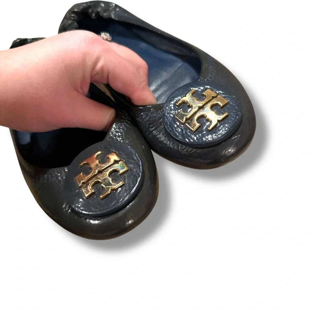 Tory Burch Minnie Scrunch Navy Blue Leather Ballet Flats‎ Sz 7 Estimated